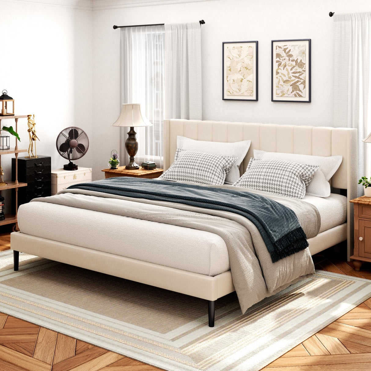 Sismplly King Size Bed Frame and Headboard,Vertical Channel Tufted Wingback No Box Spring Needed, Mattress Foundation, Easy Assembly, Beige Sismplly