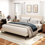 Sismplly King Size Bed Frame and Headboard,Vertical Channel Tufted Wingback No Box Spring Needed, Mattress Foundation, Easy Assembly, Beige Sismplly