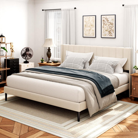 Sismplly King Size Bed Frame and Headboard,Vertical Channel Tufted Wingback No Box Spring Needed, Mattress Foundation, Easy Assembly, Beige Sismplly