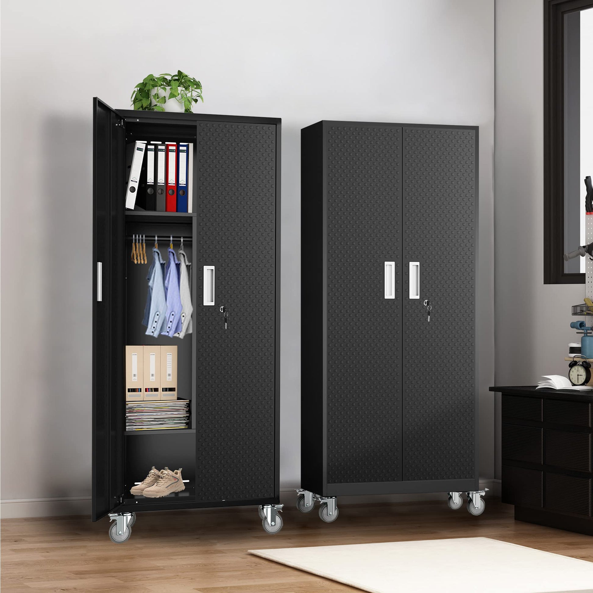 Metal Storage Cabinets Locker for Home Office, 72" Garage Storage Cabinet with Wheels, Lockable Doors and Shelves, Steel Wardrobe Cabinet with - WoodArtSupply