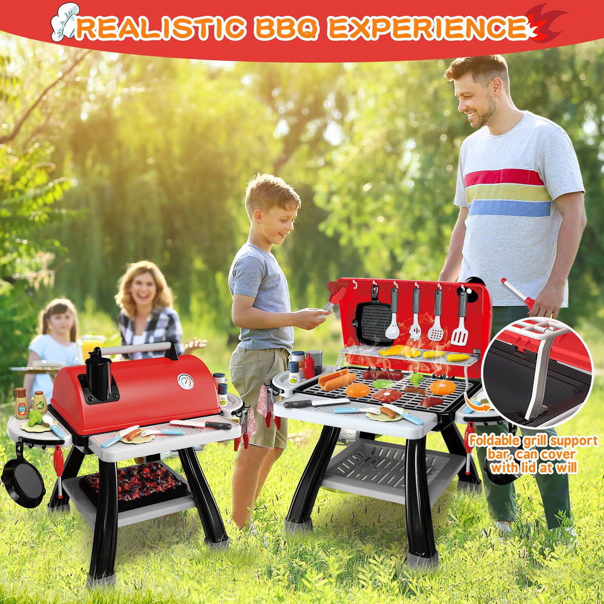 Bstoyder Kids Play Kitchen Toys, Kids BBQ Grill Kitchen Playset with Smoke, Sound & Light, Pretend Play Food Toys Cooking Set, 2-Layer Barbecue Outdoor Play Grill Toy Gift for Toddler Boys Girls 3-5 Bstoyder