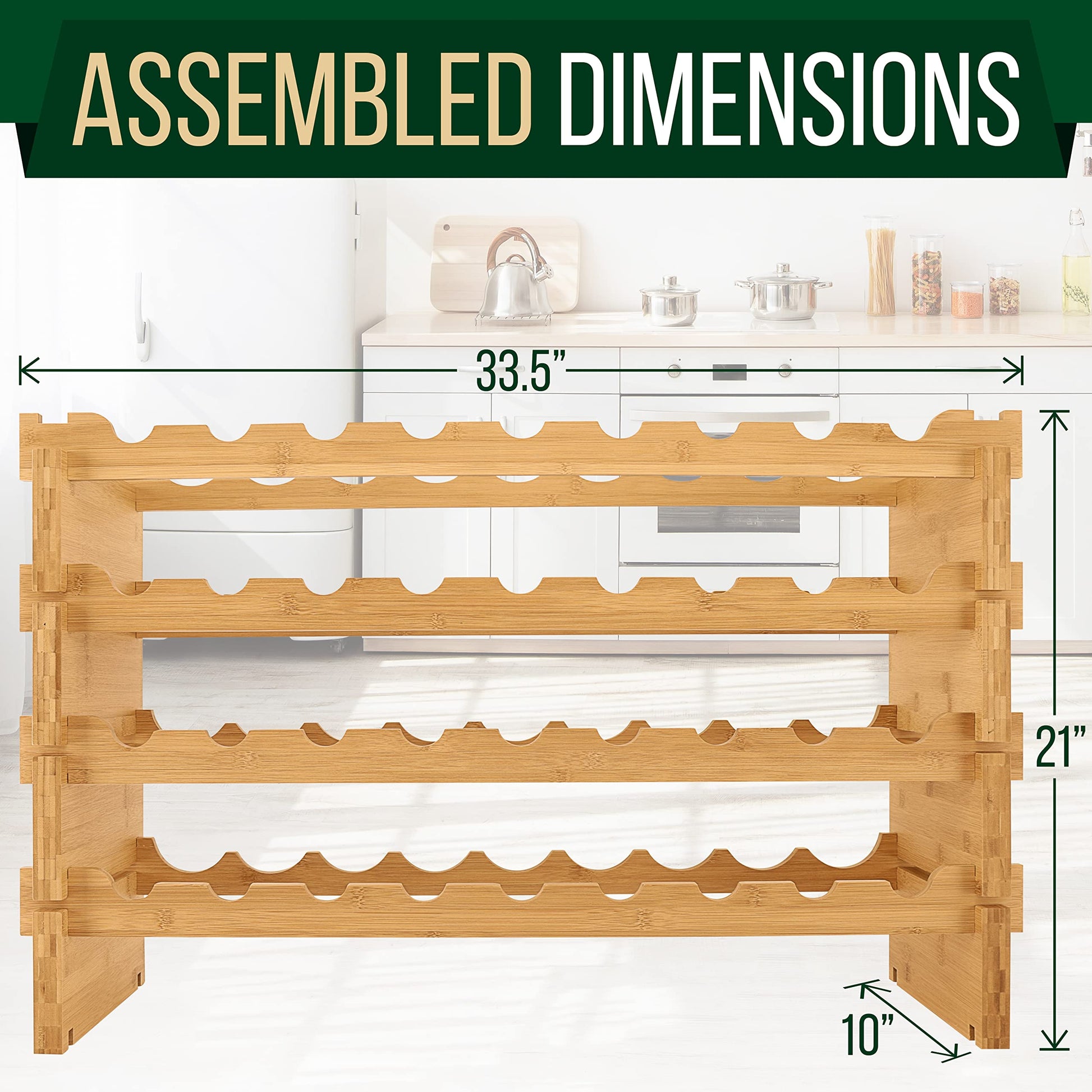 SereneLife Bamboo Stackable Wine Rack, 4-Tier 36 Bottle Capacity Wine Racks Free Standing Floor, No Tools Assembly, Modular Storage Display Shelf for Kitchen and Cellar 33.5" x 10" x 21" - WoodArtSupply