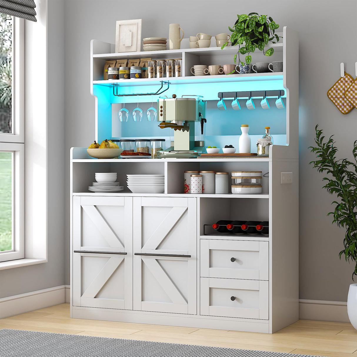 VVFLU Hutch Storage Buffet Cabinet with Drawers, and Charging Station, Coffee Bar Cabinet with Barn Doors, Wine Rack and Hooks, White Wood Sideboard Buffet for Kitchen, Dining Room, 54.5" High VVFLU