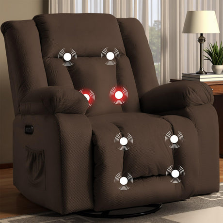 Korser Oversized Power Recliner Chair, Swivel Rocking Chair for Adults, Electric Glider Reclining with Massage and Heating, Waffle Fabric Rocker Recliner with Side Pockets for Living Room, Bedroom Korser