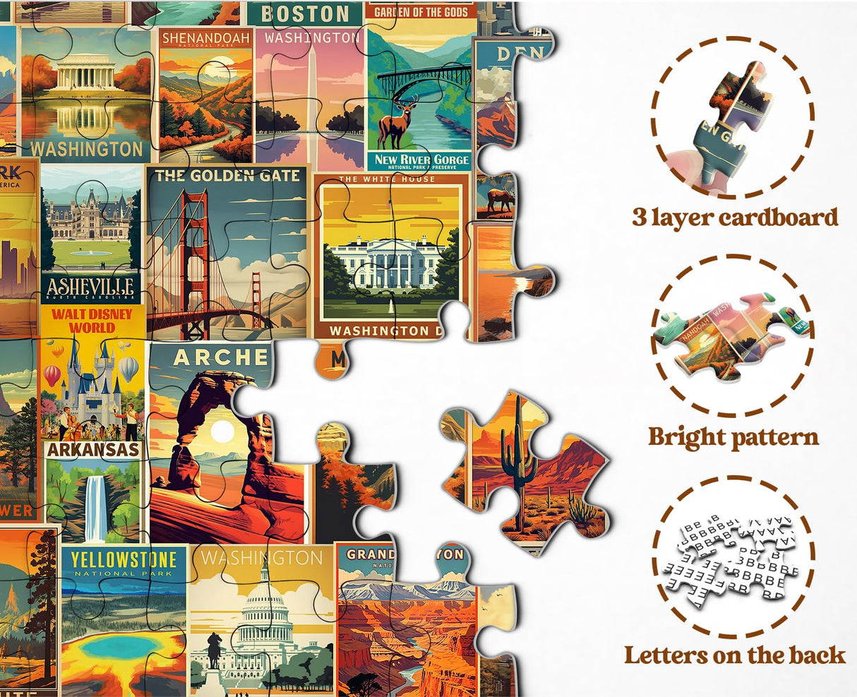 Vintage United States Travel Puzzles for Adults 1000 Pieces, American Landscape Collage Jigsaw Puzzle Including 35 Landmarks Posters，Retro Nature Scenic Puzzle Yosemite National Park Statue of Liberty PPuzzling