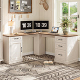 Farmhouse 59" L-Shaped Executive Desk with Drawers, Wood Home Office Corner Desk with Charging Station, File Drawer, Storage Cabinet, Rustic Computer Writing Desk for Home Office (Antique White). Vabches
