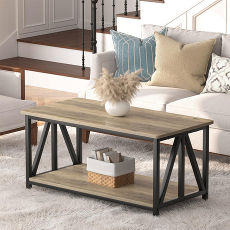 SOROGRA Coffee Table for Living Room with Round Corners, 2 Tier Modern Farmhouse Center Tables with Storage Shelf, 39 Inch Small Table for Sofa Home Office, Grey Wash SOROGRA