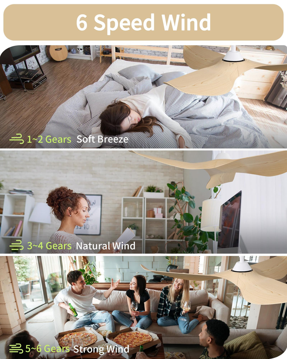CACI Mall 52" Ceiling Fan No Light, Modern Ceiling Fan with Remote Control, 3 Blades Ceiling Fan with Noiseless Reversible Dc Motor for Living room, Bedroom CACI Mall
