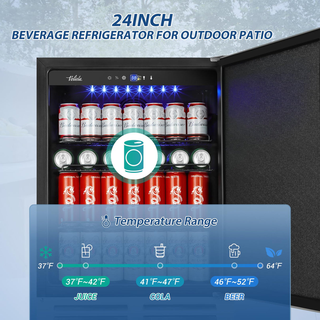 Velivi 24 Inch Beverage Refrigerator Outdoor, Under Counter Beverage Cooler for Patio, Built-in Drink Fridge 210 Cans, with Stainless Steel Door for Soda, Beer, Wine Velivi