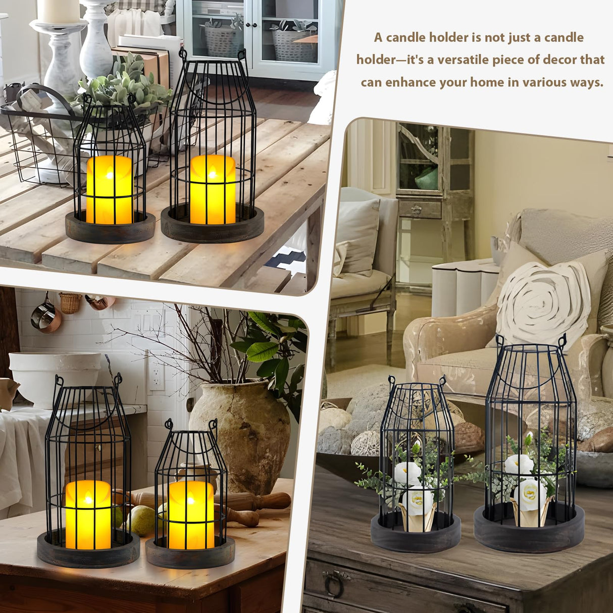 VIVIRENOIR Farmhouse Lantern Decor, Set of 2 Rustic Home Decor Lanterns with Flameless Candles, Wire Metal Cloche Decorative Candle Holders for Living Room Fireplace Mantel Dining Table Decor (Brown) VIVIRENOIR