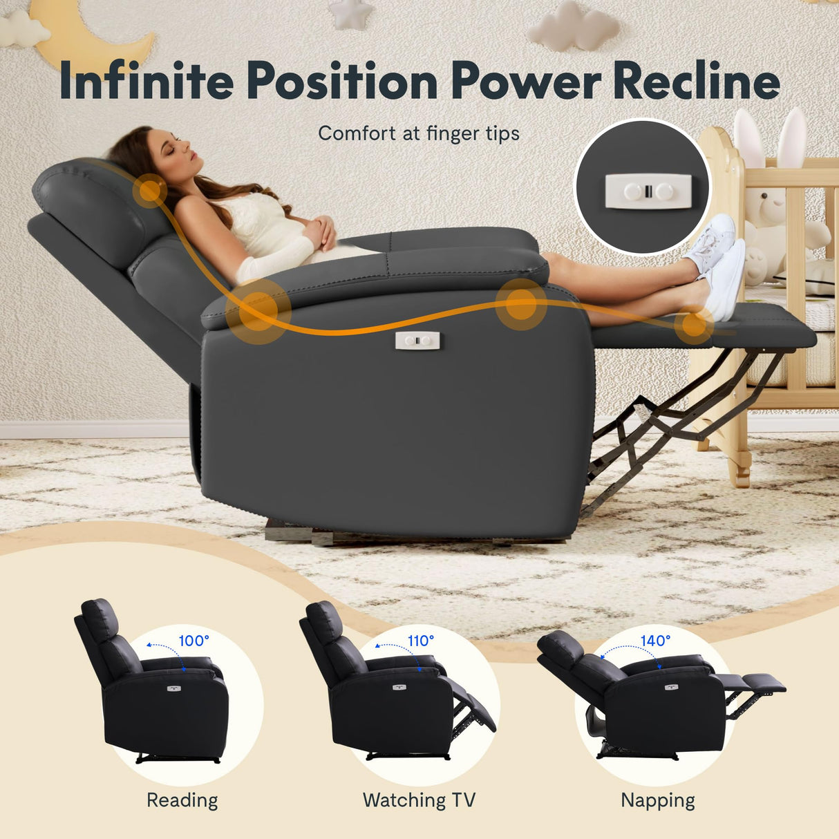 FLEXISPOT X3 Power Recliner Chair, Adjustable Electric Recliner with USB Port, Thick Cushion & Padded Back, Comfortable Faux Leather Chair for Living Room Bedroom Home Theater (Black) FLEXISPOT
