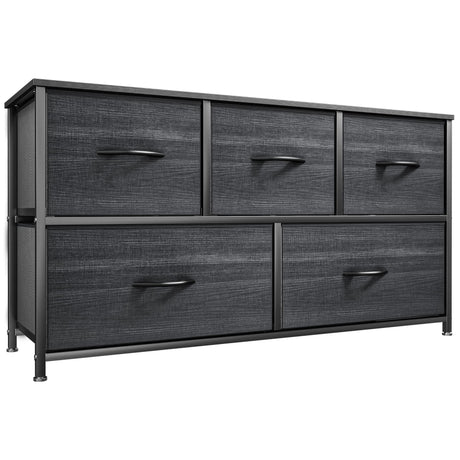 YITAHOME Dresser with 5 Drawers - Fabric Storage Tower, Organizer Unit for Bedroom, Living Room, Closets - Sturdy Steel Frame, Wooden Top (Cool Black Wood Grain) YITAHOME