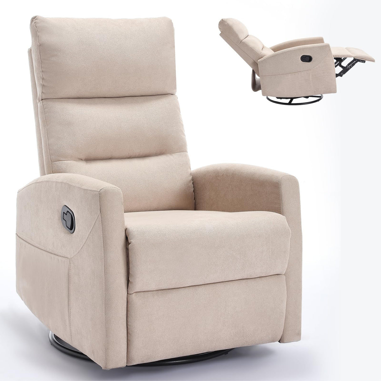 EZZUP 360° Swivel Recliner Chairs for Small Spaces, A Recliner with Side Pockets, Small Rocker Recliner for Living Room, Bedroom, Cream Recliner Chair for Adults EZZUP