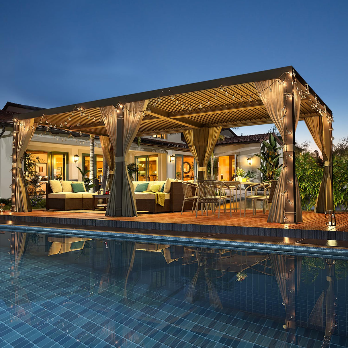 YOLENY Louvered Pergola 12x24, All Aluminum Pergola with Adjustable Rainproof Roof, Outdoor Pergola with Curtains and Nets for Patio & Garden, Dark Grey YOLENY