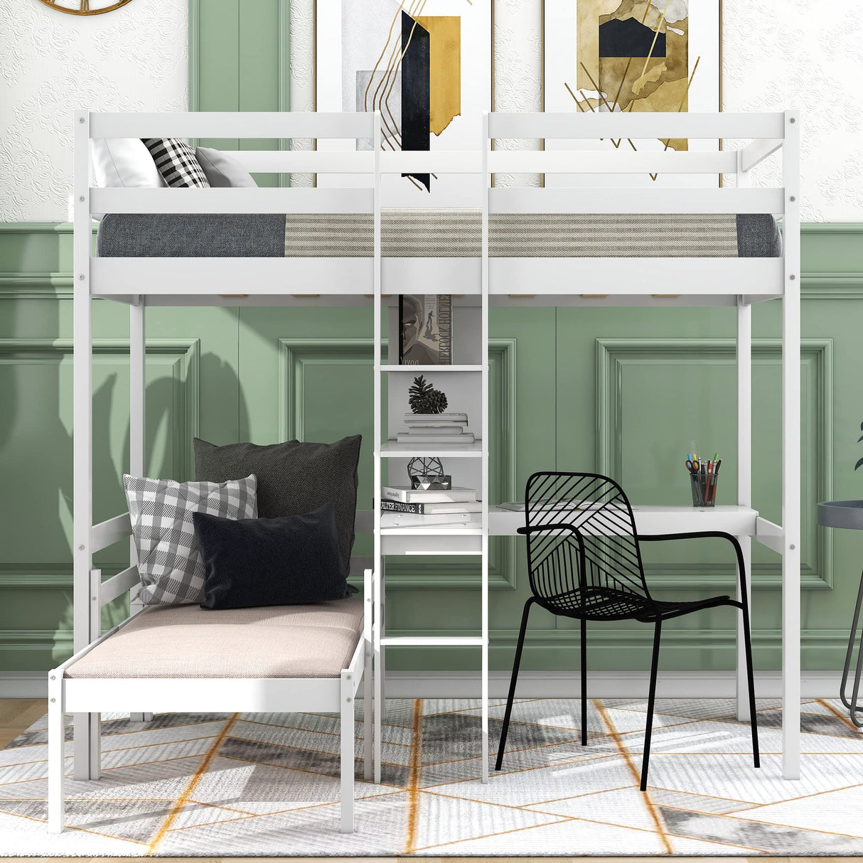 Harper & Bright Designs Twin Loft Bed with L-Shaped Desk, Convertible Loft Bed Frame, Twin Bunk Bed with Shelves and Ladder (White, Twin Loft with Desk) Harper & Bright Designs