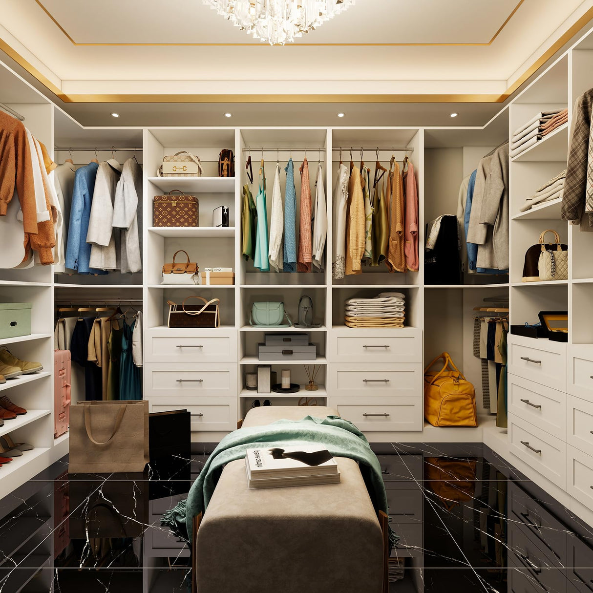 Vomavex Closet System with 4 sets, 101.9" Closet Organizer Systems with 6 Drawers & 8 Hanging Rods & Adjustable Shelves, Walk in Closet Standing Closet System, Corner Closet System Set, White vomavex