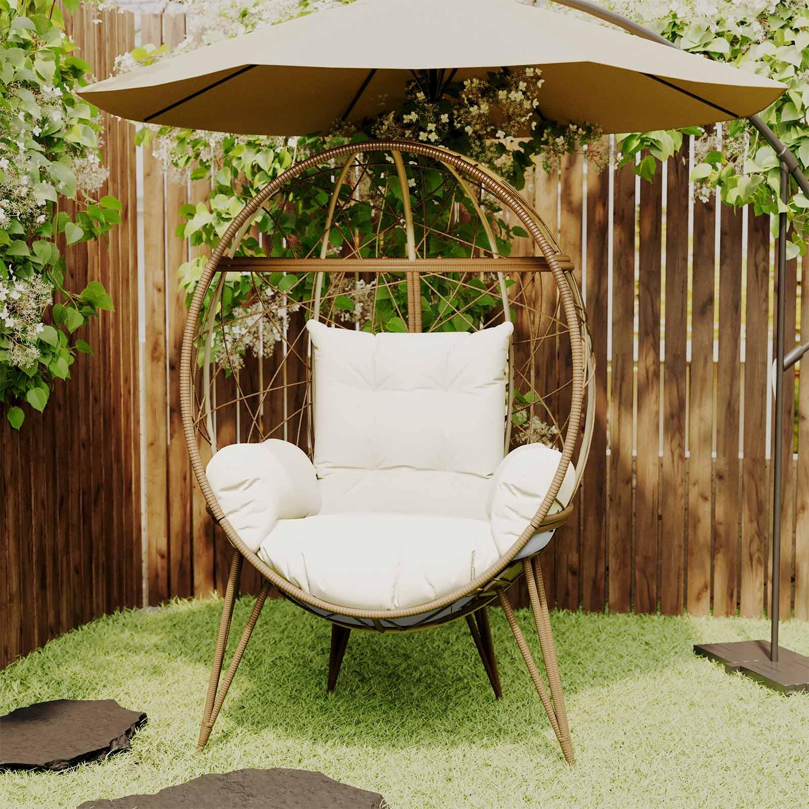 FKSLIFE Wicker Egg Chair with Stand Cushion Outdoor Indoor Lounger Egg Basket Chair for Living Room, Backyard, Balcony, Patio (Beige) - WoodArtSupply