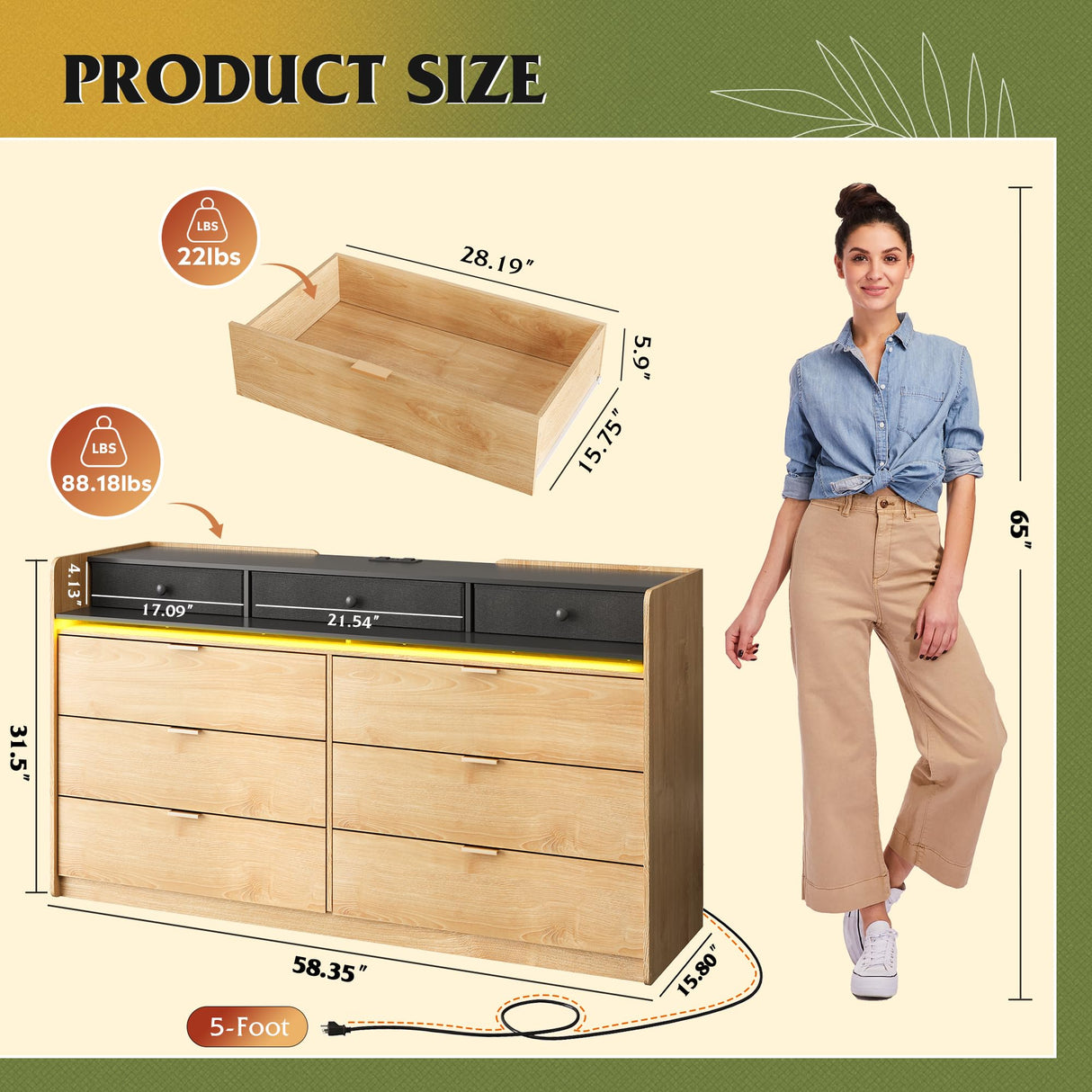 WLIVE 9 Drawer Led Dresser for Bedroom, 58.35'' Wide Wood Dresser Storage Organizer with Power Outlets for 65'' TV, Dressers with Open Shelves, Chest of Drawers for Closet, Living Room, Light Oak WLIVE