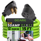 GEARit 50 Amp RV/EV Extension Cord (15 ft) 4-Prong 250-Volt, Compatible with Tesla Model 3/S/X/Y Mobile Charger, NEMA 14-50P to 14-50R 6/3+8/1 STW AWG Gauge Outdoor Waterproof Power Cable - 15 Feet GearIT