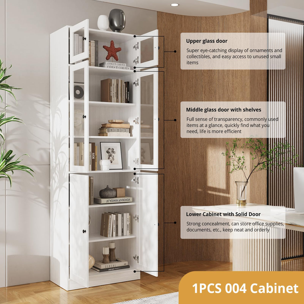 VOWNER 85.5" Tall Bookshelf Single Pack - Half Glass Door Design, White 7 Tier Book Shelf, Curio Cabinets with Storage, DIY Large Bookcase for Living Room, Office VOWNER