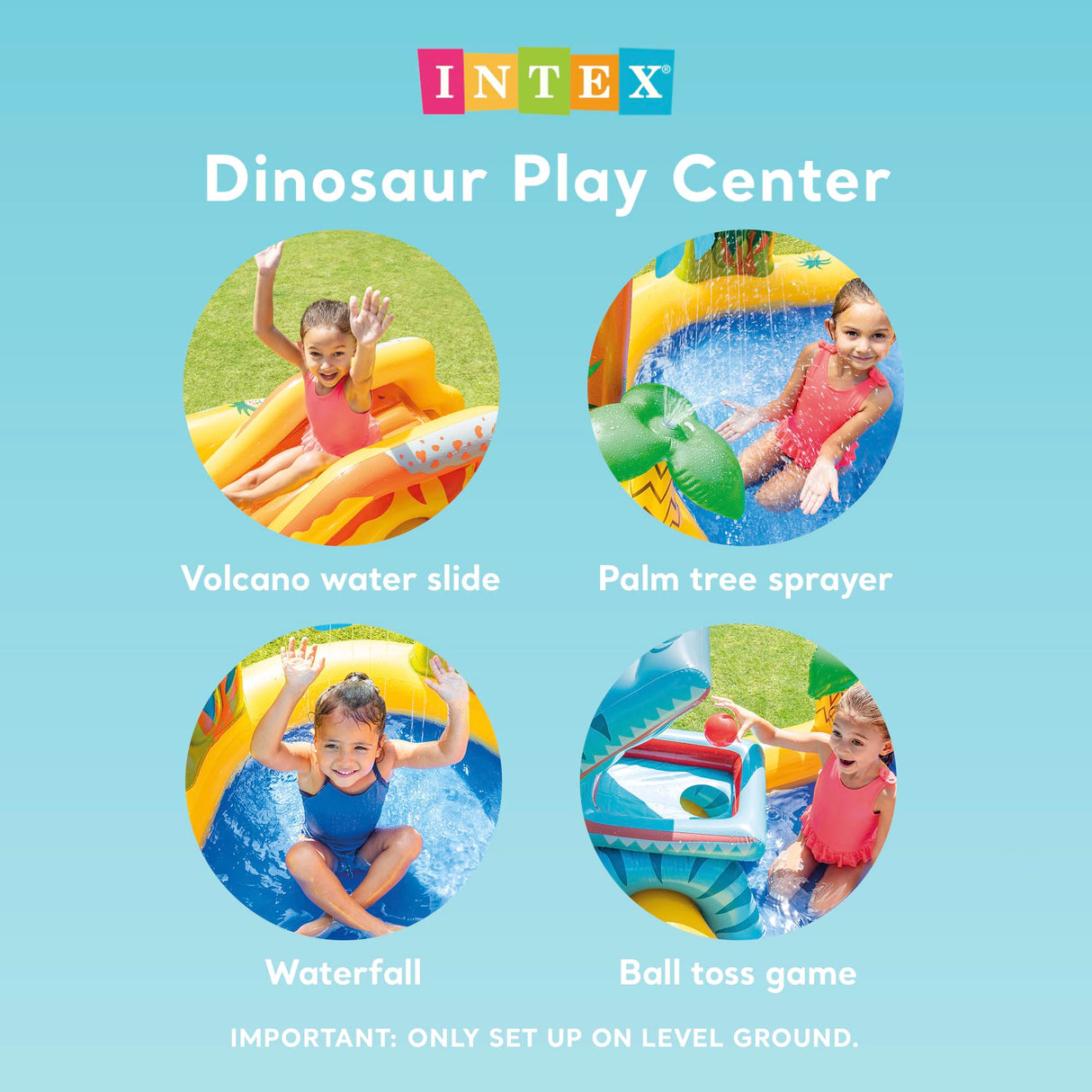 Intex Inflatable Dinosaur Play Center Outdoor Playhouse Inflatable Water Park with Kid Pool Slide, Water Sprayer, Waterfall, and 6 Balls, Multicolor Intex