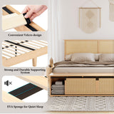 GarveeHome Natural Rattan Queen Size Bed Frame with Sliding Barn Door Storage Cabinets and LED Light Headboard, Boho Farmhouse Wood Platform Bed with Solid Wood Legs Support, No Box Spring Needed GarveeHome