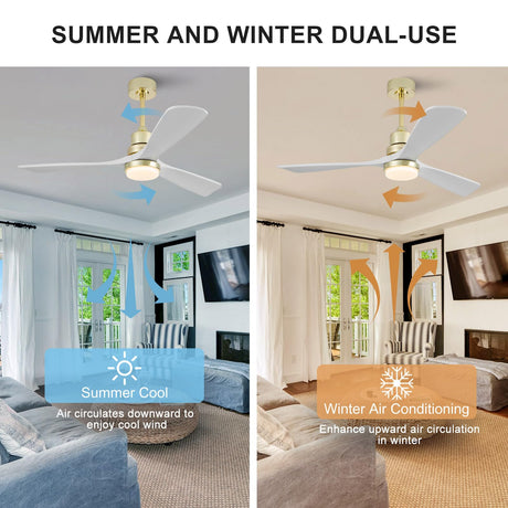 BOJUE 52 inch Gold Ceiling Fans with Lights and White Solid Wood Fan Blades - Modern Ceiling Fan with Remote for Indoor/Outdoor Farmhouse, Low Profile Bedroom, Patio - Gold Finish and White Blades BOJUE