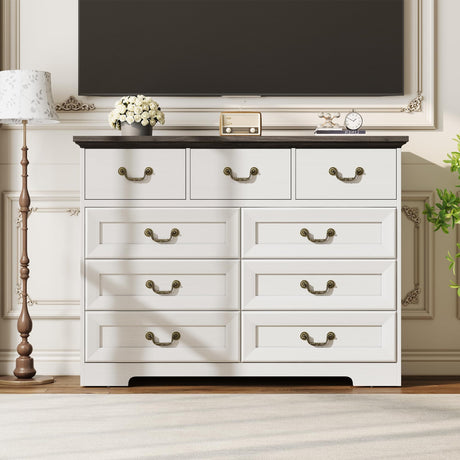 9-Drawer Dresser for Bedroom, 47 in Wide Dressers Wood Vintage Chest of Drawers with Natural Texture and Vintage Gold Floral Handles, Farmhouse Storage Organizer for Living Room, Hallway Entryway GarveeHome