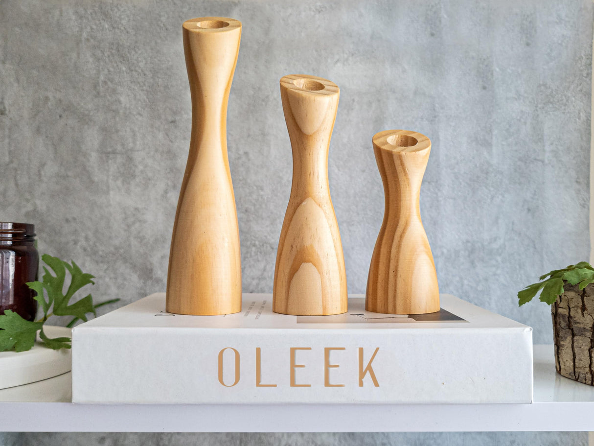 OLEEK Wooden Candlestick Holders Set to Suit Any Style of Decor - Durable & Easy to Clean Wood Candlestick Holders - Set of 3 Wooden Taper Candle Holders - Wood Candle Holder Create A Warm Atmosphere OLEEK