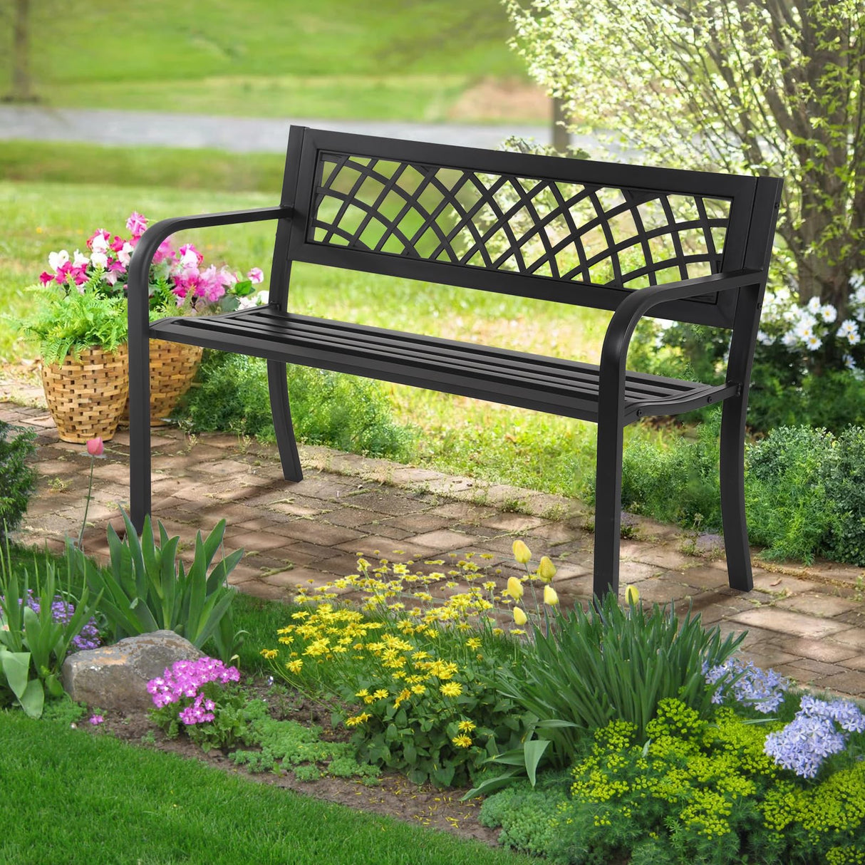 Garden Bench Patio Bench Outdoor Park Bench Metal Outside Porch Chair Seat Cast Iron Steel Frame Sturdy Bench Patio Furniture for Yard Porch Entryway Lawn Decor Deck, Black, 46 in HGS