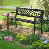 Garden Bench Patio Bench Outdoor Park Bench Metal Outside Porch Chair Seat Cast Iron Steel Frame Sturdy Bench Patio Furniture for Yard Porch Entryway Lawn Decor Deck, Black, 46 in HGS