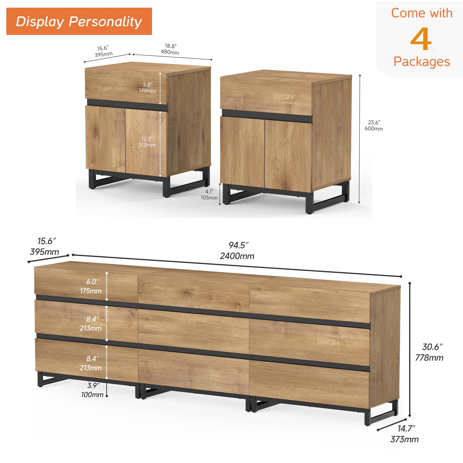 WAMPAT Dresser and Nightstand Set of 3, 94.5 Inches Dresser with 6 Drawers, 2 Nightstand with Drawer and Cabinet for Bedroom, Bedroom Furniture Set, Oak - WoodArtSupply