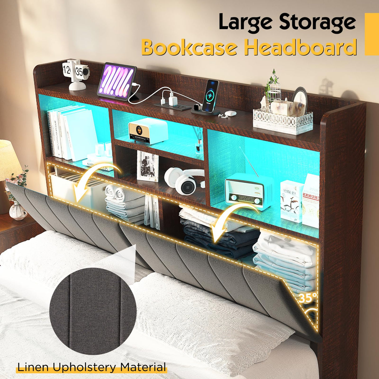 LUXOAK Full Farmhouse Bed Frame with Bookcase Headboard and 4 Drawers, LED Storage Bed with Charging Station & Linen Upholstered, No Box Spring Needed, Reclaimed Barnwood LUXOAK