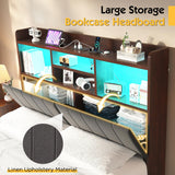 LUXOAK Full Farmhouse Bed Frame with Bookcase Headboard and 4 Drawers, LED Storage Bed with Charging Station & Linen Upholstered, No Box Spring Needed, Reclaimed Barnwood LUXOAK