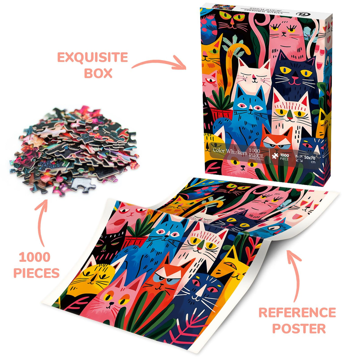 Colorful Cat Puzzle for Adults 1000 Pieces, Funny Animal Jigsaw Puzzle, Cute Kitten Plant Puzzle BBOLDIN