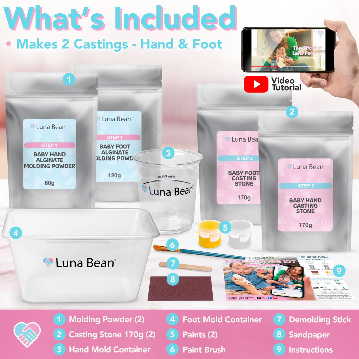 Luna Bean Baby Footprint & Hand Casting Kit – Premium Newborn Infant Keepsake - New Mom Gifts, Baby Shower Gifts for Girls and Boys Luna Bean