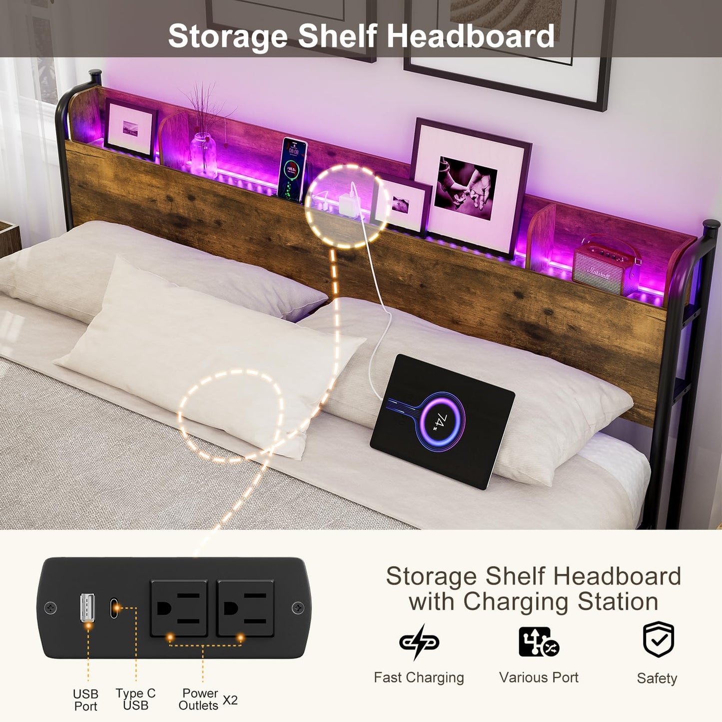 IKIFLY King Size Rustic Brown Storage Headboard with Charging Station & LED Lights - WoodArtSupply