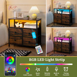 Yoobure Night Stand with Charge Station, Nightstand with 4 Drawers Bedside Table, LED Dresser with Storage Shelf, Night Stands for Bedroom, Side Table 3-Tier Wood End Table for Home Rustic Brown Yoobure