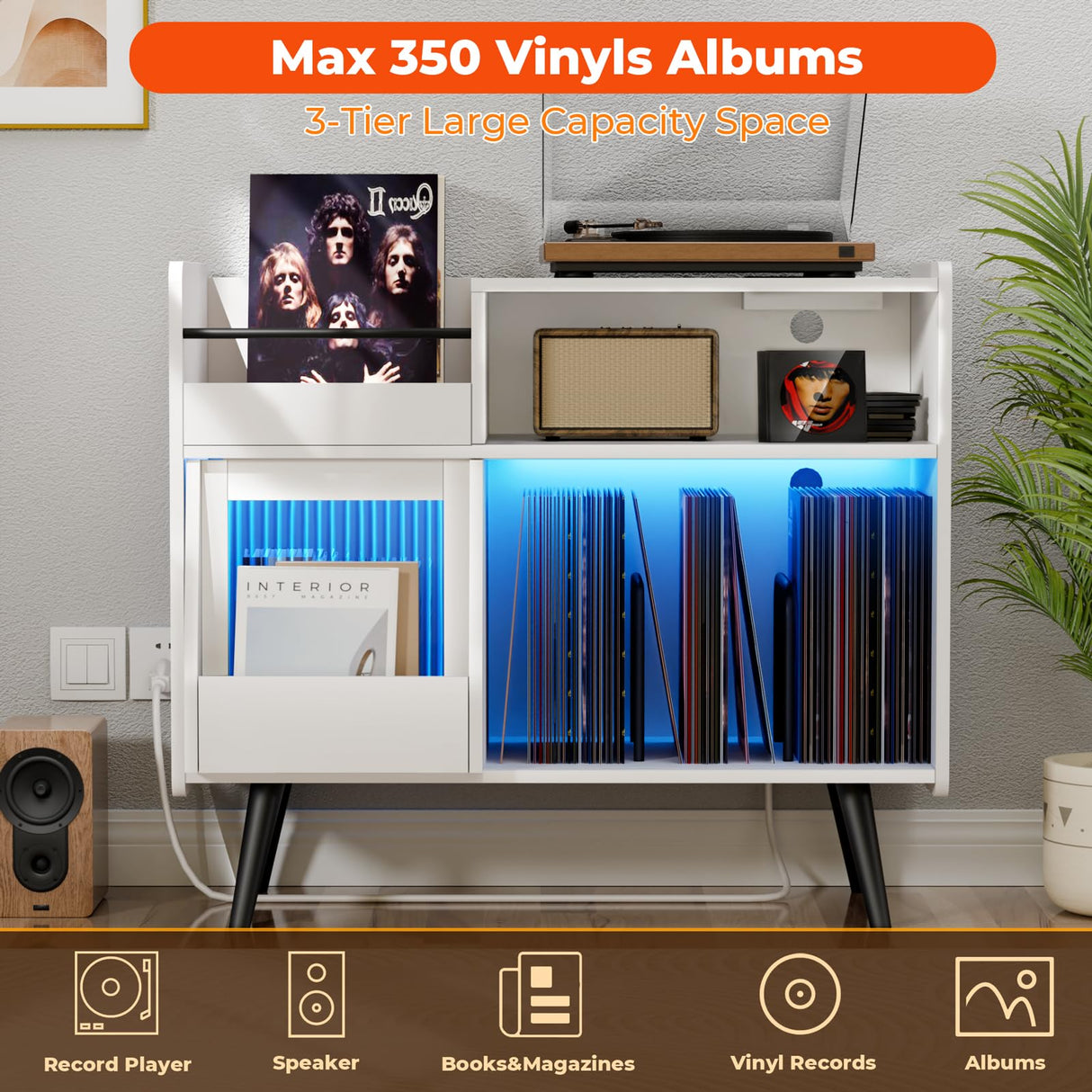 MULEJYBO Large White Record Player Stand with Sliding Door,350 Vinyl Record Storage Cabinet, Record Player Table with Power Outlet and LED Light,Turntable Stand with Wood Legs for Living Room,Office MULEJYBO