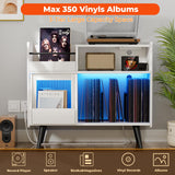 MULEJYBO Large White Record Player Stand with Sliding Door,350 Vinyl Record Storage Cabinet, Record Player Table with Power Outlet and LED Light,Turntable Stand with Wood Legs for Living Room,Office MULEJYBO