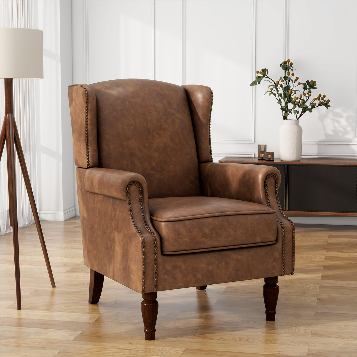 UIXE PU Leather High Back Accent Chair, Upholstered Armchair for Living Room, Retro Wingback Arm Chair Nailhead Trim Single Sofa Bedroom Reading Seat with Solid Wood Legs - Brown UIXE