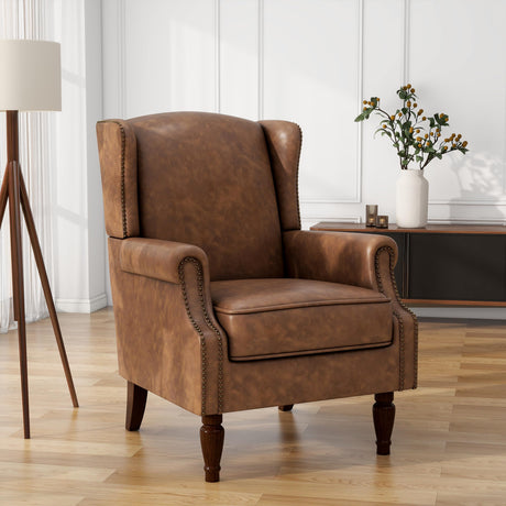 UIXE PU Leather High Back Accent Chair, Upholstered Armchair for Living Room, Retro Wingback Arm Chair Nailhead Trim Single Sofa Bedroom Reading Seat with Solid Wood Legs - Brown UIXE