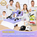 AKEYDIY Upgraded 5 in 1 Heat Press Machine for Tshirts 12X15 Inch, 360° Swing Away Shirt Press Machine for Sublimation, Multifunctional Heat Transfer Machine Combo for Shirts (Purple-5 in 1) AKEYDIY