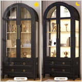 LVSOMT 71" Tall Arched Storage Cabinet with Glass Doors and Drawers, Curio Display Cabinet with Adjustable LED Light & Human Sensor, 4-Tier China Cabinet for Living Room(Black+Wood) LVSOMT