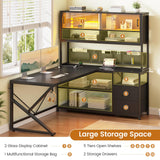 SEDETA L Shaped Gaming Desk, Home Office Computer Desk with 2 Drawer and Bookshelf, L Shaped Gaming Desk with LED Light, Glass Cabinet and Storage Bag, Corner Desk with Storage Shelves, Black SEDETA