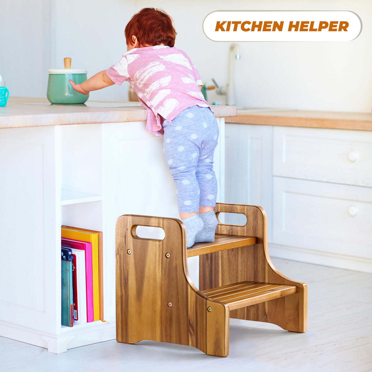 2BHOME Wooden Step Stool, Heavy Duty Two-Step Stool for Adults with Built-in Handle, Wooden Stepping Stool with 500Lbs Capacity for Kitchen & Bathroom, Non-Slip Wood Bedside Bed Steps for High Beds 2BHOME