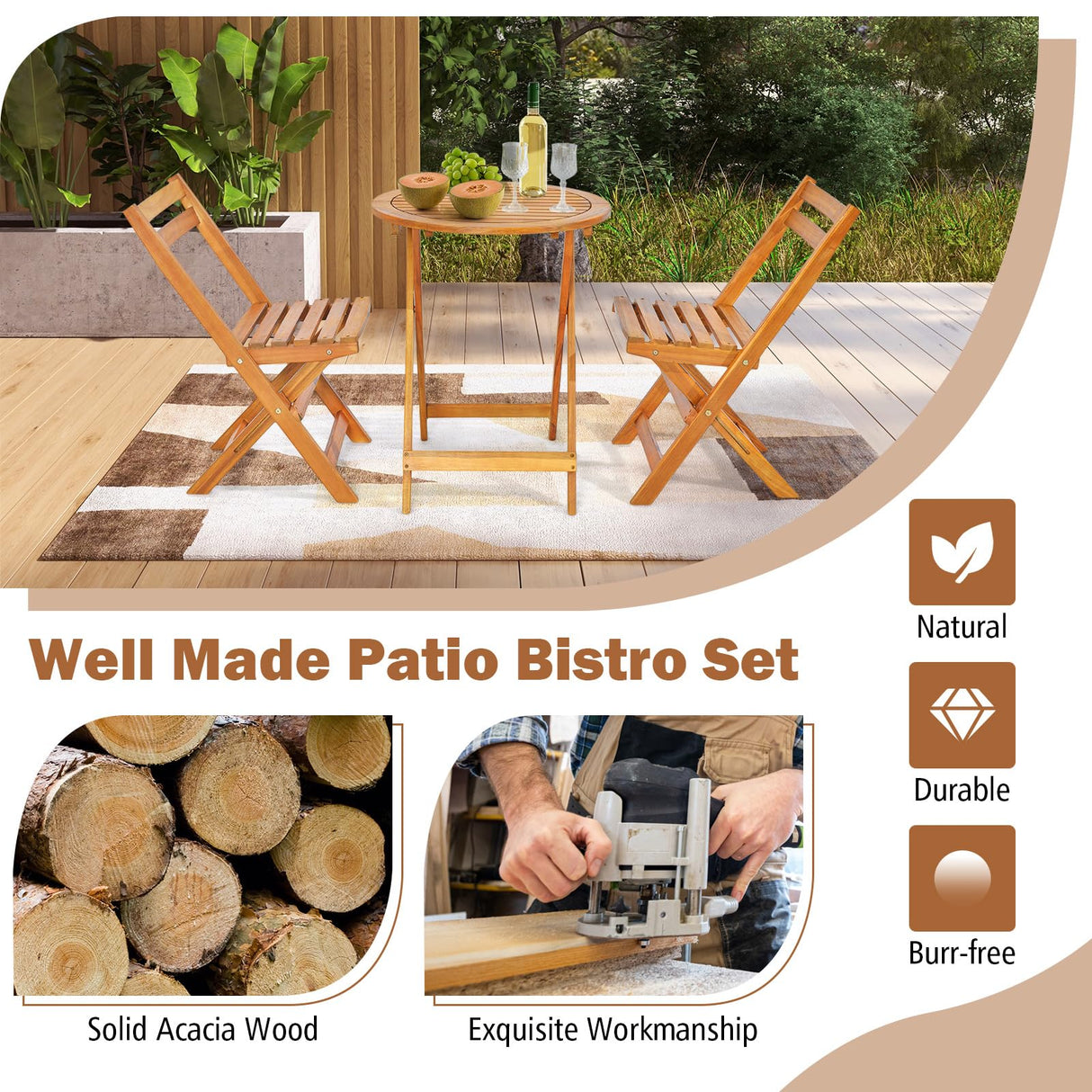 Tangkula 3 Pieces Folding Patio Bistro Set, Solid Acacia Wood Table and Chairs with Slatted Tabletop, Back & Seat, Foldable Outdoor Furniture Set for Patio, Backyard, Garden, Poolside, Natural Tangkula
