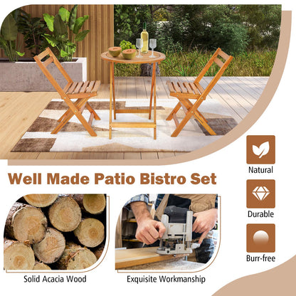 Tangkula 3 Pieces Folding Patio Bistro Set, Solid Acacia Wood Table and Chairs with Slatted Tabletop, Back & Seat, Foldable Outdoor Furniture Set for Patio, Backyard, Garden, Poolside, Natura - WoodArtSupply