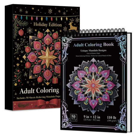 Mandala Coloring Book for Adults Hardcover: 50 Unique Designs Spiral Coloring Book for Adults with Perforated Pages. (Mandala Designs, 9 x 12 inches, 50 Sheets) ARTEXAUS