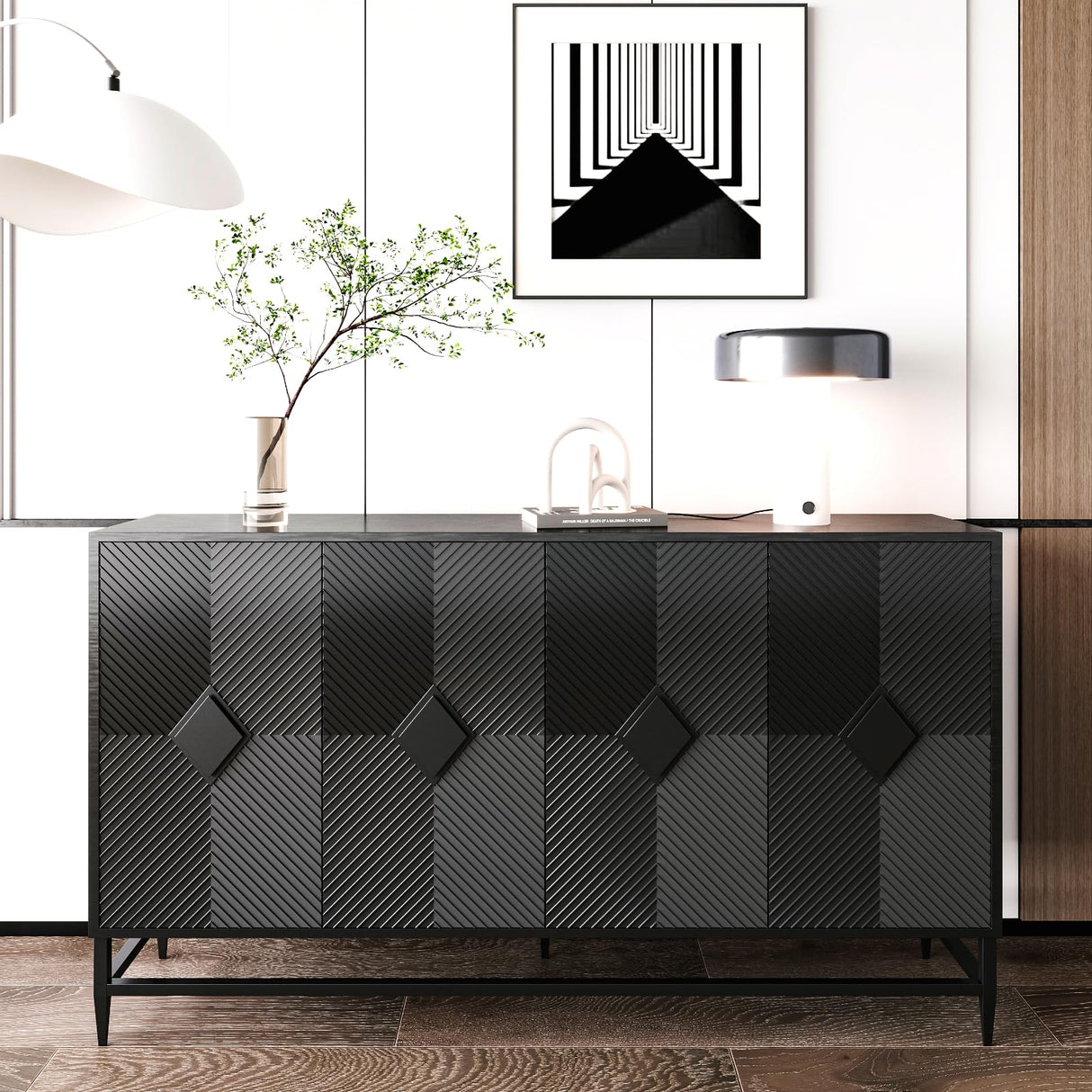 WILSHINE Sideboard Buffet with Storage Cabinet, 60" Black Buffets & Sideboards Credenza Wooden Entryway Table with 4 Doors and Adjustable Shelves for Dining Living Room Kitchen Coffee Bar WILSHINE